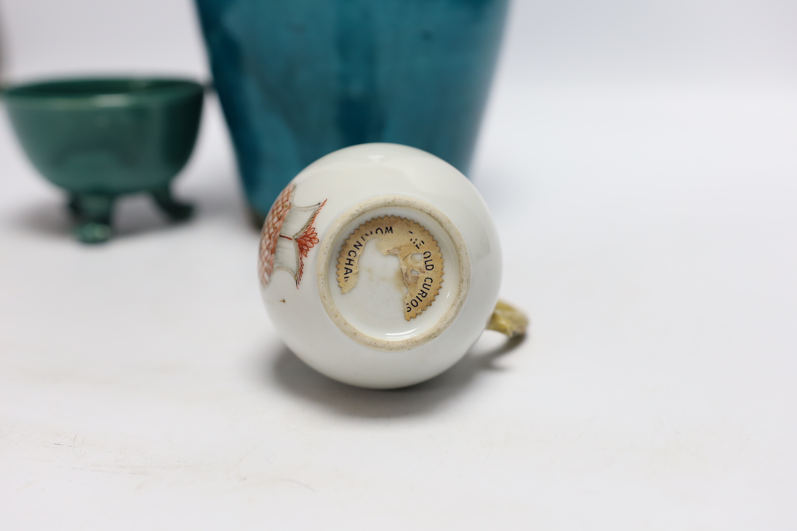 A turquoise glazed three footed bowl and jug and a small Chinese famille rose jug, largest 25cm high